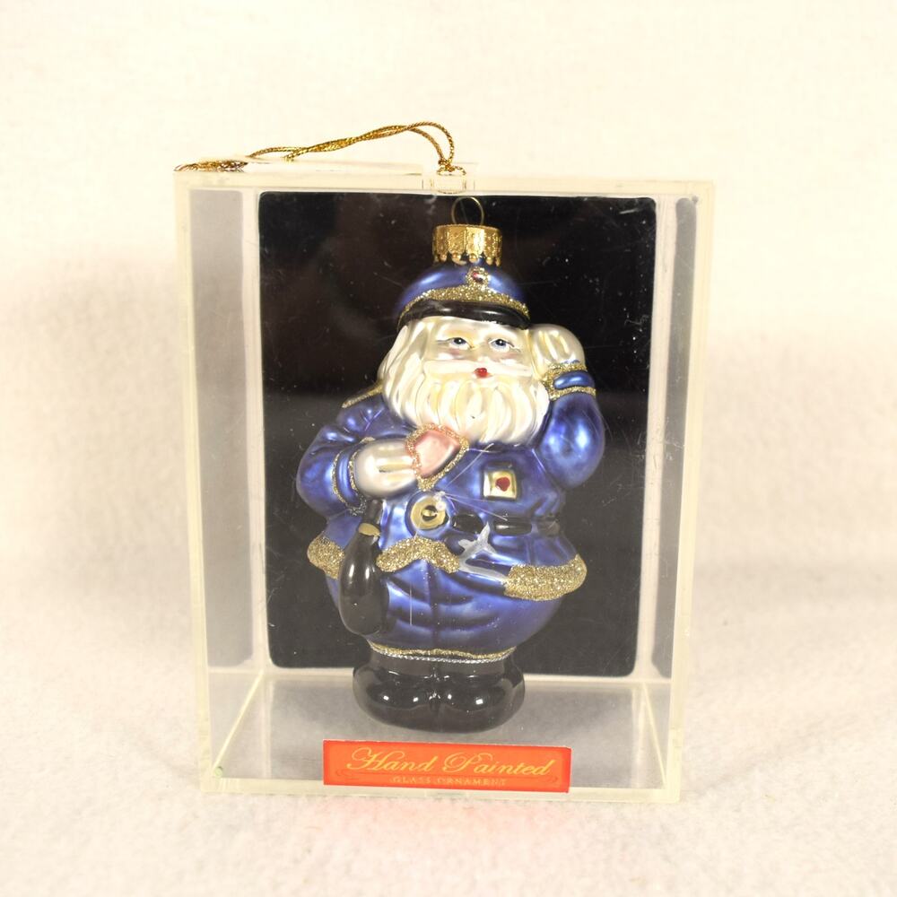 Policeman Santa Christmas Glass Ornament Hand Crafted by Designer Studio Blue